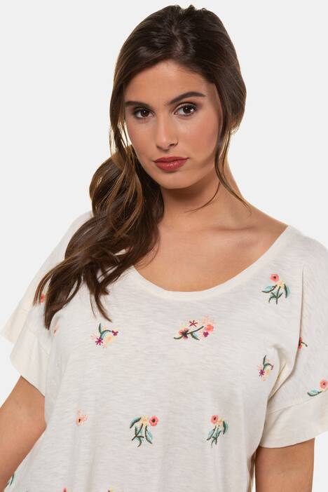 T-Shirt, Blütenstickerei, Flammjersey