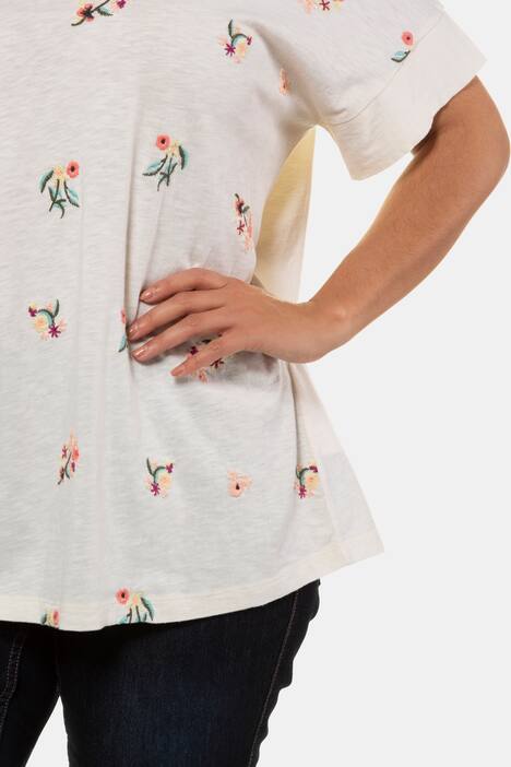T-Shirt, Blütenstickerei, Flammjersey