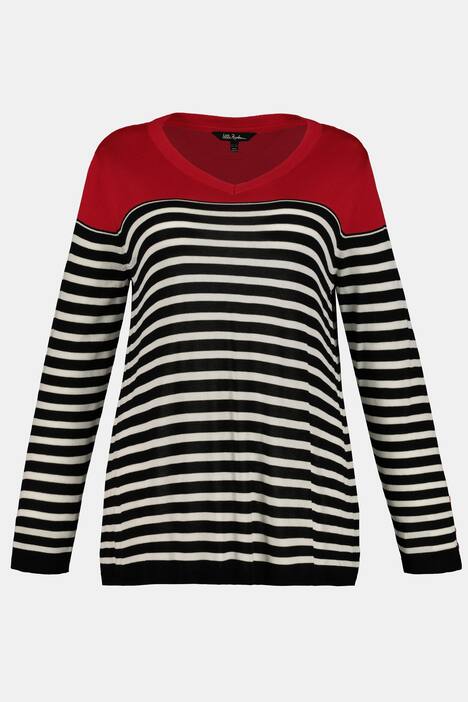 Pullover, Ringel, Regular, Ärmelknöpfe, V-Ausschnitt