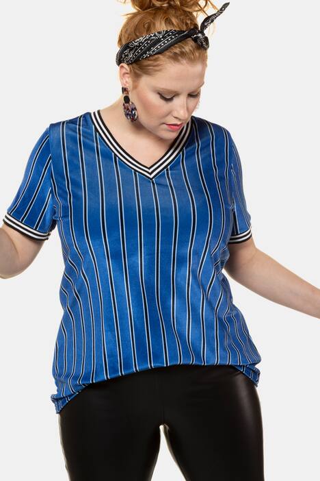 Shirt, gestreifter Samt, Streifenbündchen, Halbarm