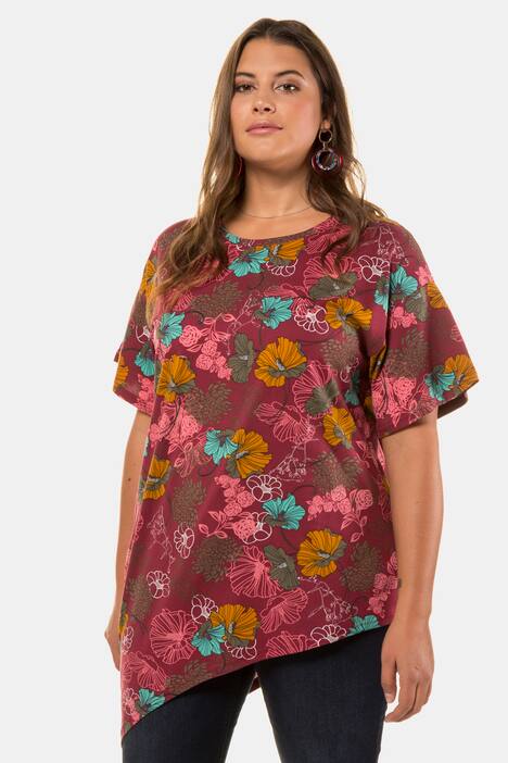 Shirt, geblümt, asymmetrischer Saum, Halbarm