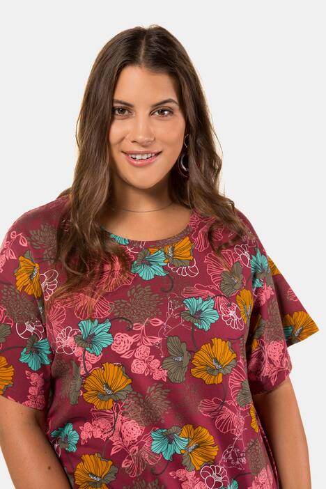 Shirt, geblümt, asymmetrischer Saum, Halbarm