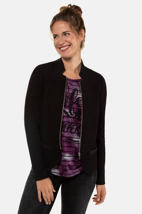 Blazer, Strukturjacquard, kurze Form, Lederoptikdetails