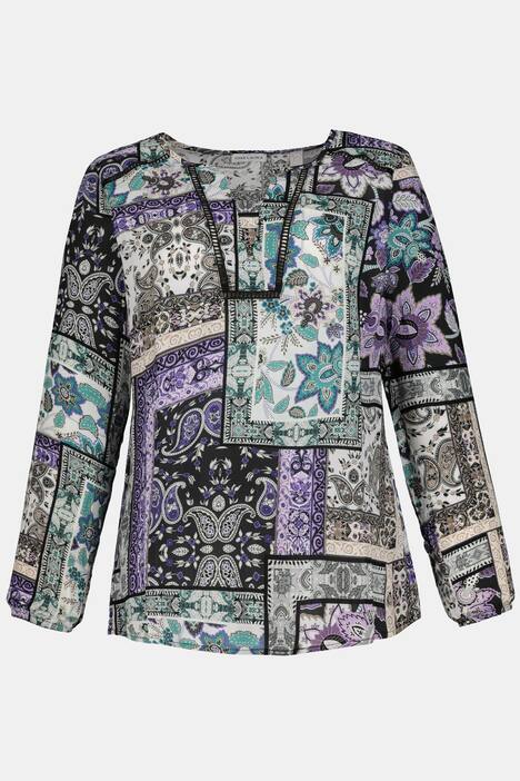 Bluse, Patchdruck, Hohlsäume, Gummibündchen
