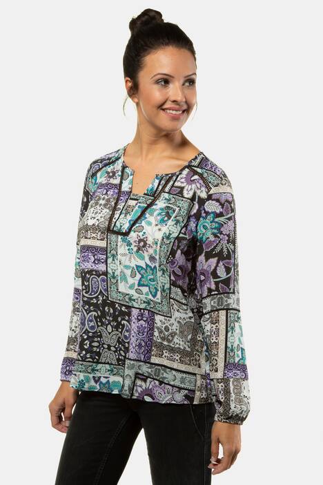 Bluse, Patchdruck, Hohlsäume, Gummibündchen