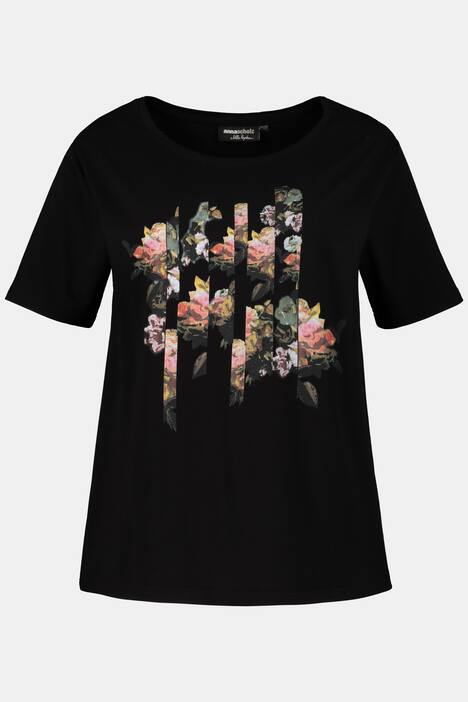 Abstract Flower Print Round Neck Stretch Knit Top