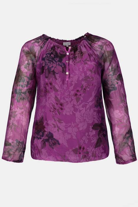 Seidenbluse, Vintageblüten, Elastiksaum, Jerseytop