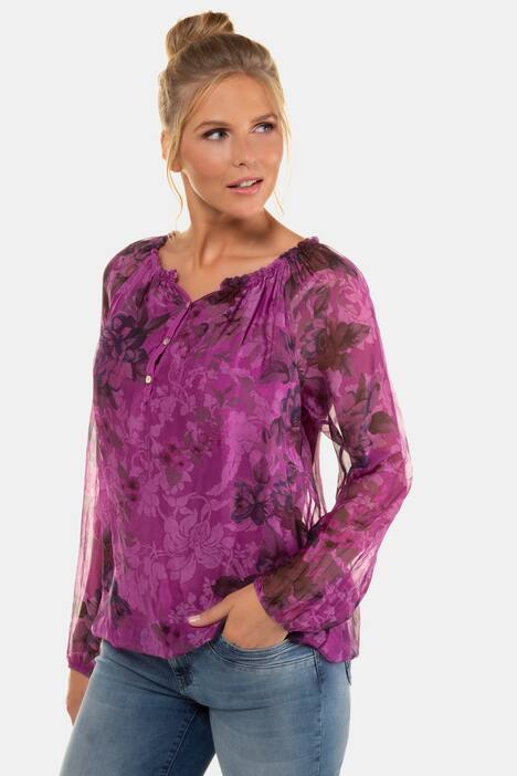 Seidenbluse, Vintageblüten, Elastiksaum, Jerseytop