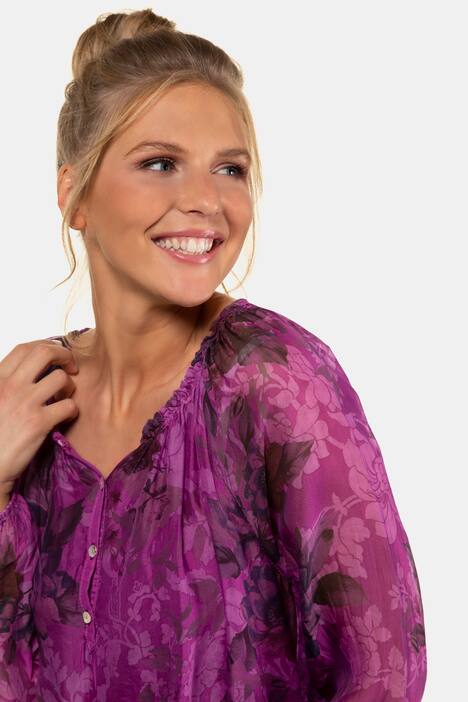 Seidenbluse, Vintageblüten, Elastiksaum, Jerseytop