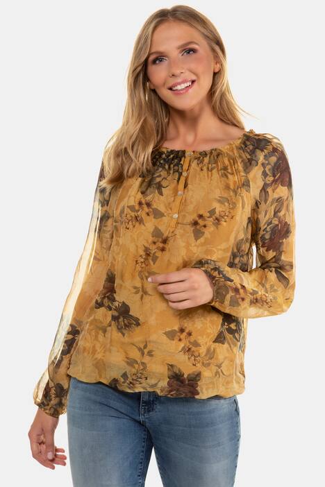 Seidenbluse, Vintageblüten, Elastiksaum, Jerseytop