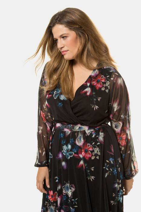 Abendkleid, geblümter Mesh, blickdicht, Langarm