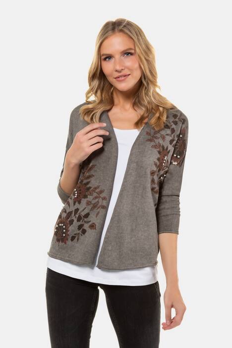Strickjacke, Blütenmotiv, Perlen, Ajourrücken