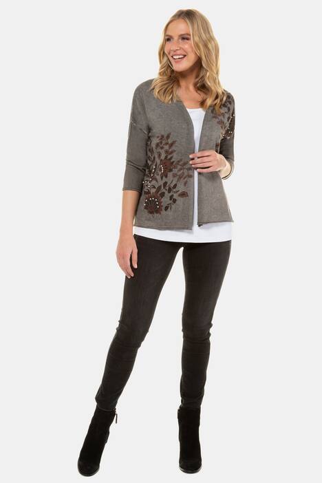 Strickjacke, Blütenmotiv, Perlen, Ajourrücken