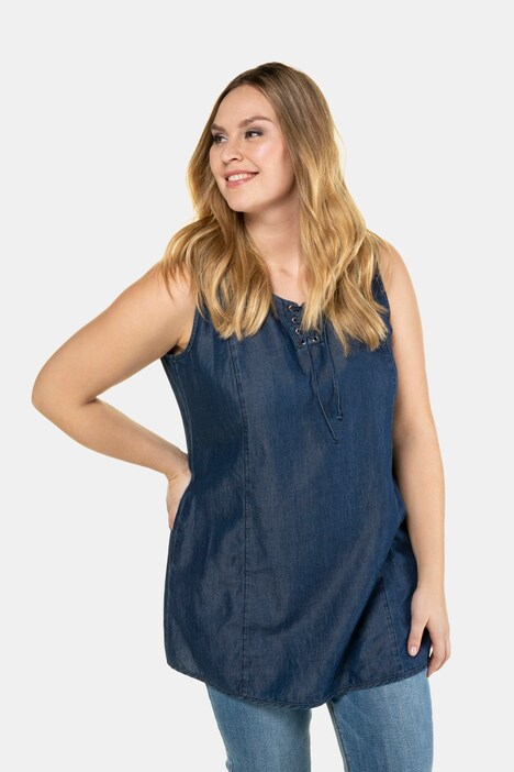 Long Denim Lace-up Round Neck Tank