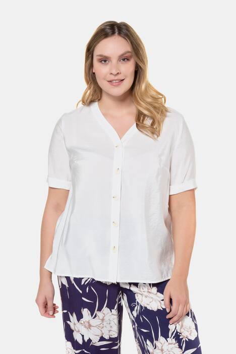 V-Neck Button Front Short Sleeve Blouse