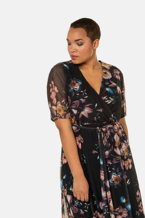 Jurk, gebloemd mesh, jersey onderjurk, elastische taille, wikkellook