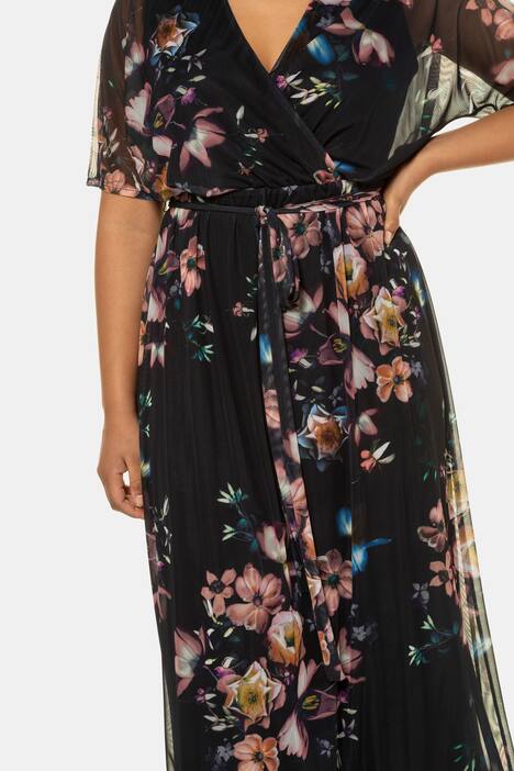Jurk, gebloemd mesh, jersey onderjurk, elastische taille, wikkellook
