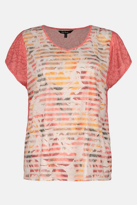 T-Shirt, Streifen-Blütenmuster, Oversized, Ausbrenner