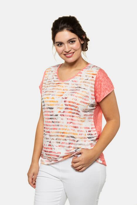 T-Shirt, Streifen-Blütenmuster, Oversized, Ausbrenner