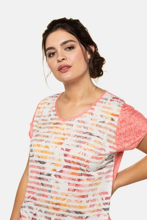 T-Shirt, Streifen-Blütenmuster, Oversized, Ausbrenner