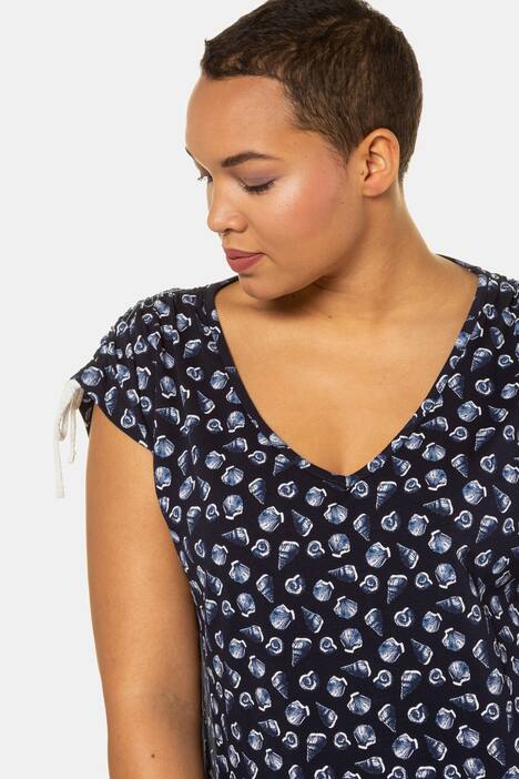 Shell Print Gathered Shoulder Stretch Knit Dress