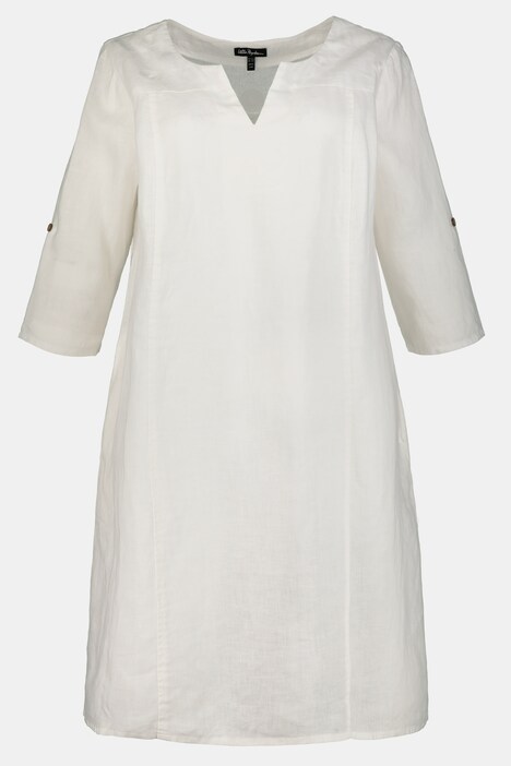 Kleid, bestickter Ausschnitt, 3/4-Arm, Leinenmischung