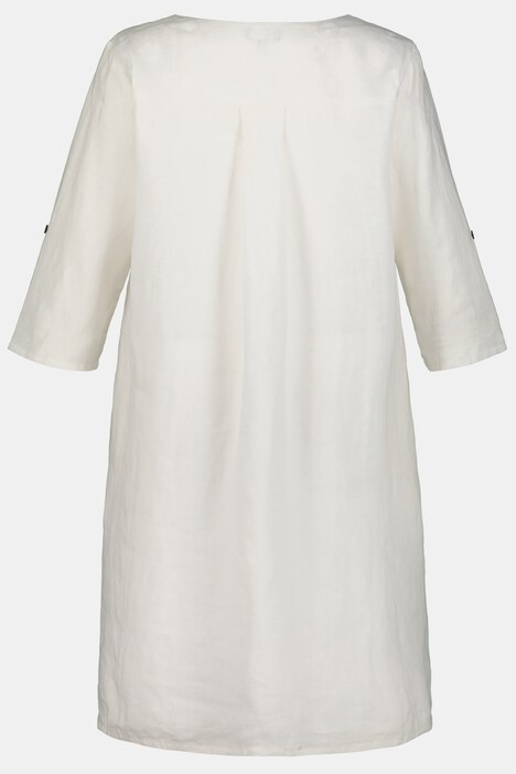Kleid, bestickter Ausschnitt, 3/4-Arm, Leinenmischung