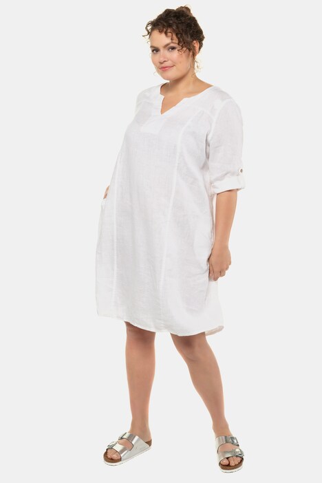 Kleid, bestickter Ausschnitt, 3/4-Arm, Leinenmischung