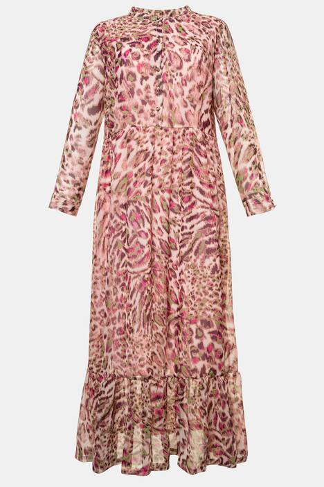 Maxikleid, Leomuster, Jerseyfutter, Volantsaum