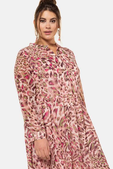 Maxikleid, Leomuster, Jerseyfutter, Volantsaum