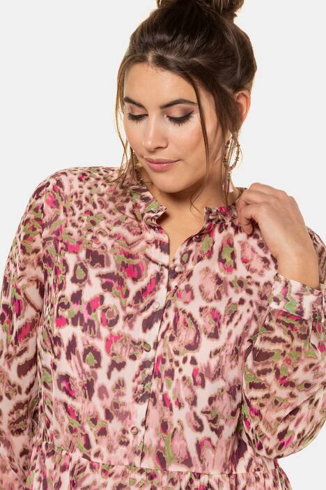 Maxikleid, Leomuster, Jerseyfutter, Volantsaum