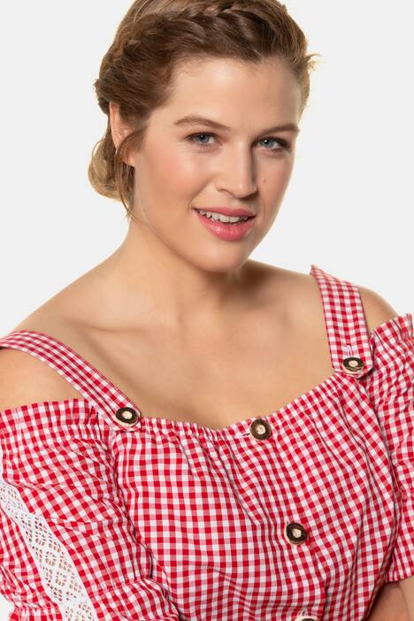 Trägerbluse, Karo, Carmenausschnitt, Trachtenknöpfe