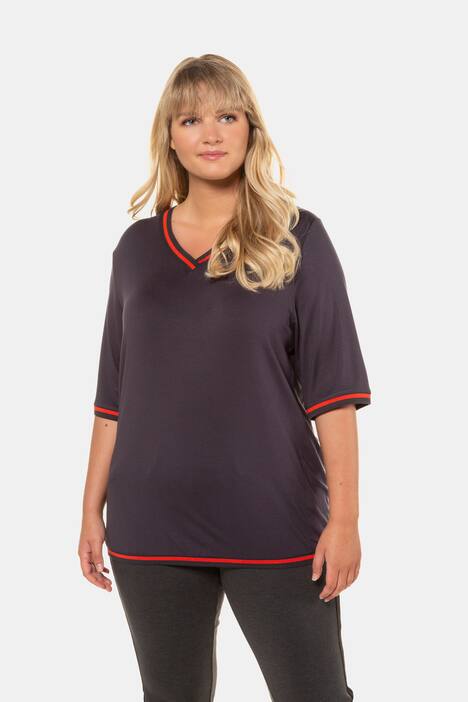 Stripe Accent V-Neck Stretch Knit Top