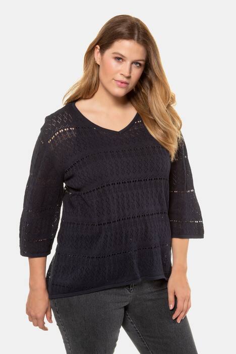 Pullover, Ajourstrick, V-Ausschitt, 3/4-Arm