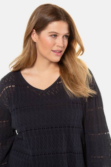 Pullover, Ajourstrick, V-Ausschitt, 3/4-Arm