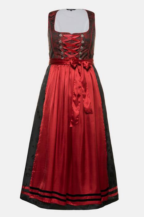 Dirndl, Jacquard-Oberteil, uni Rock, rote Schürze