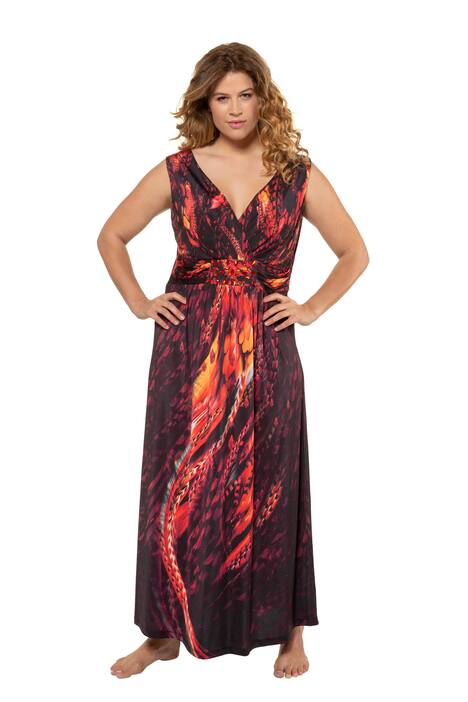 Fire Bird Print Jewel Accent Stretch Knit Maxi Dress