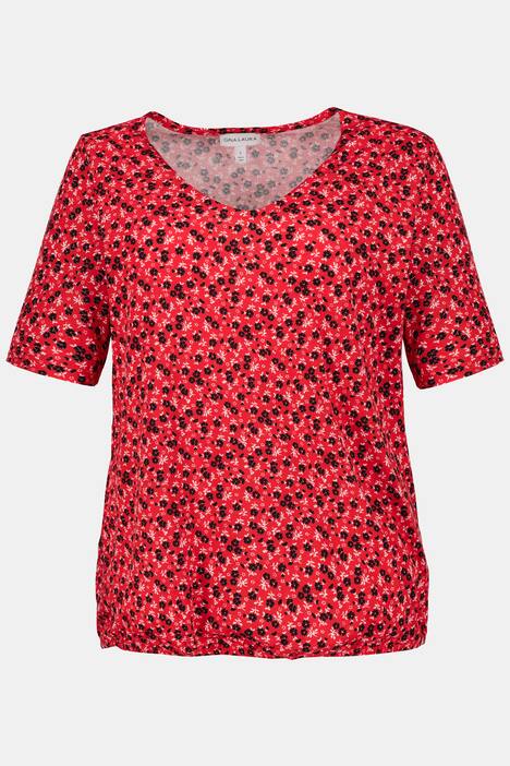 T-Shirt, Blumenmuster, Gummisaum, V-Ausschnitt