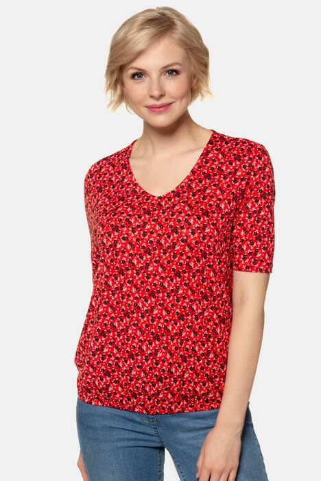 T-Shirt, Blumenmuster, Gummisaum, V-Ausschnitt