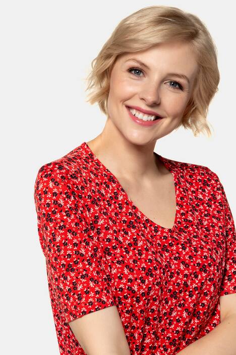 T-Shirt, Blumenmuster, Gummisaum, V-Ausschnitt