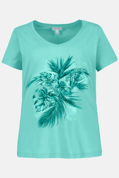 T-Shirt, Blättermotiv, V-Ausschnitt, Halbarm