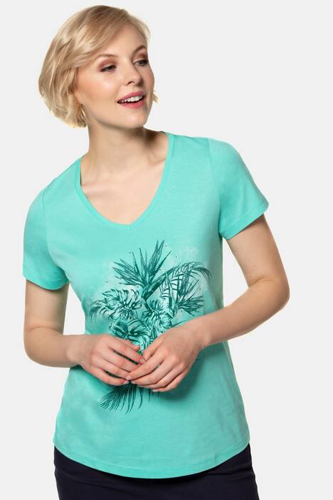 T-Shirt, Blättermotiv, V-Ausschnitt, Halbarm