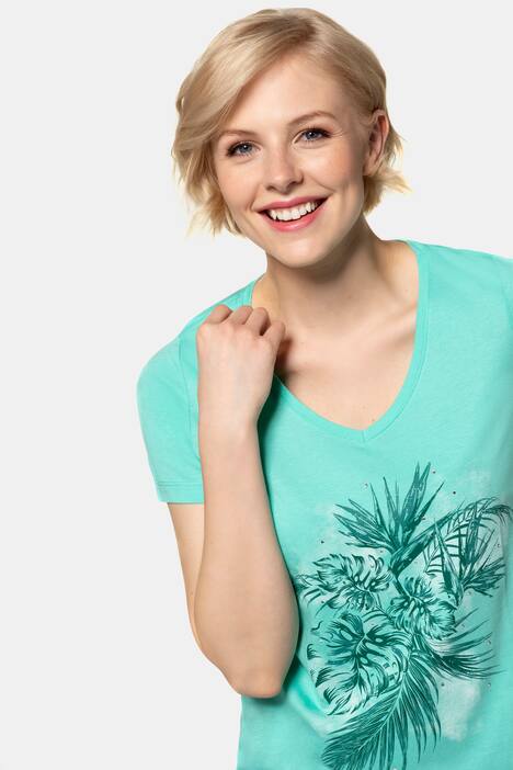 T-Shirt, Blättermotiv, V-Ausschnitt, Halbarm