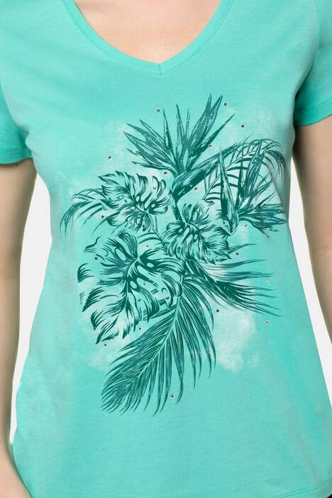T-Shirt, Blättermotiv, V-Ausschnitt, Halbarm