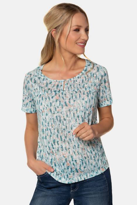 T-Shirt, gemusterter Ausbrennerjersey, Ausschnitt-Knopf