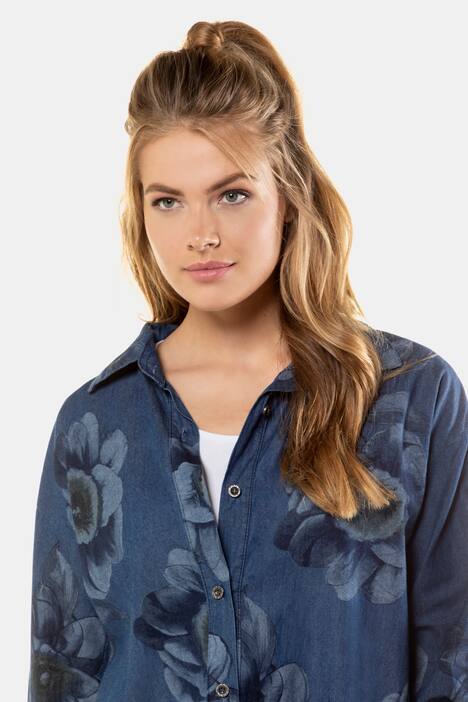 Bluse, Blumenmuster, Jeansoptik, Hemdkragen