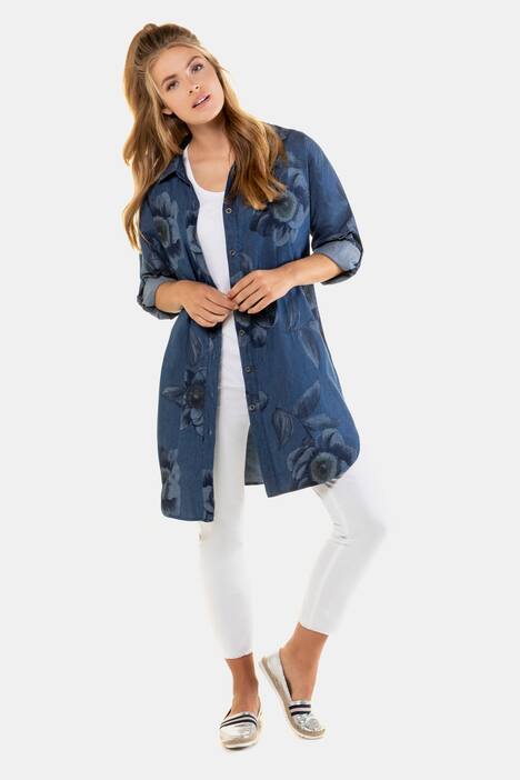 Bluse, Blumenmuster, Jeansoptik, Hemdkragen