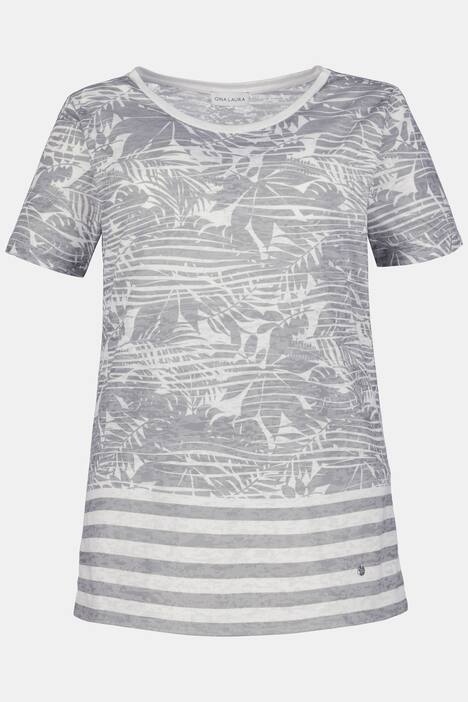 T-Shirt, Palmenmuster, Ausbrennerjersey, Streifensaum