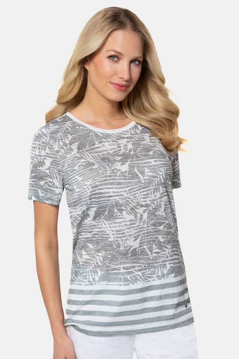 T-Shirt, Palmenmuster, Ausbrennerjersey, Streifensaum