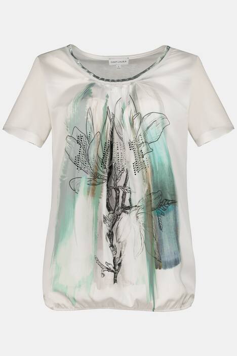 T-Shirt, Blütenmotiv, Glitzer-Ausschnitt, Gummisaum